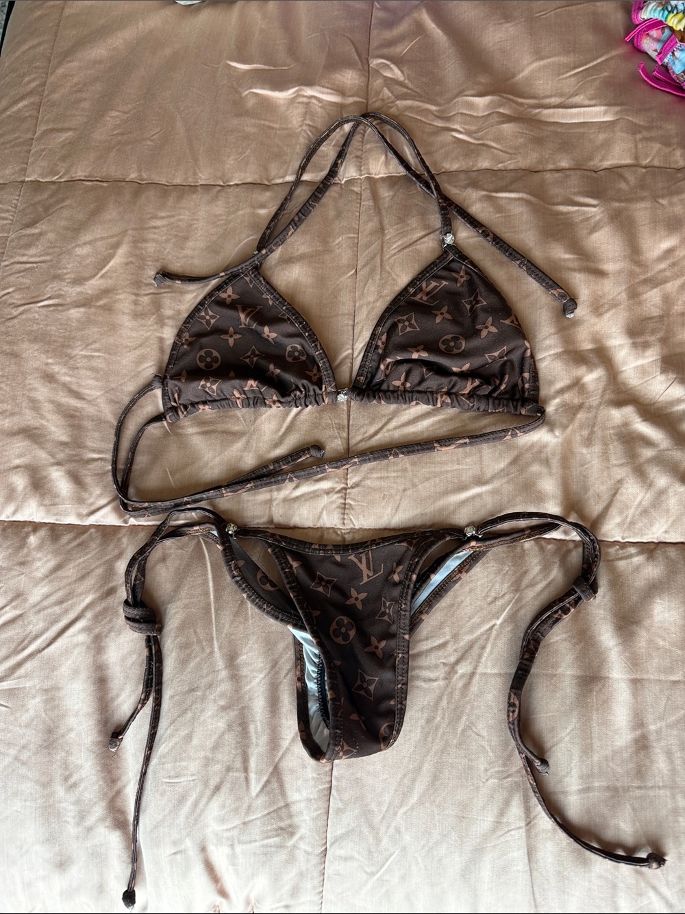 Brown Monogram Triangle Tie-Side Bikini Set